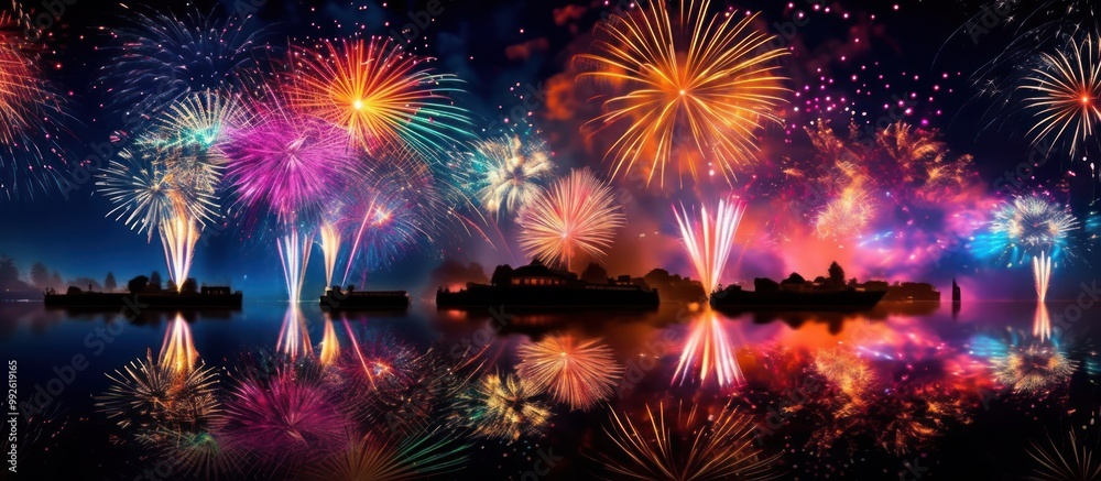 Fototapeta premium A spectacular fireworks show explodes over a calm lake reflecting the vibrant colors in the water.