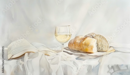 A simple and elegant watercolor artwork featuring bread, wine, and an open book on a white cloth.