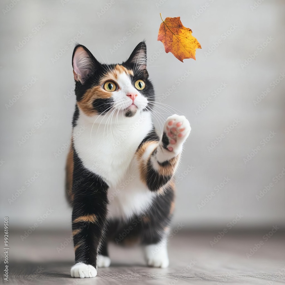 Obraz premium Calico cat swiping at a gently falling leaf, autumn play, vibrant, playful