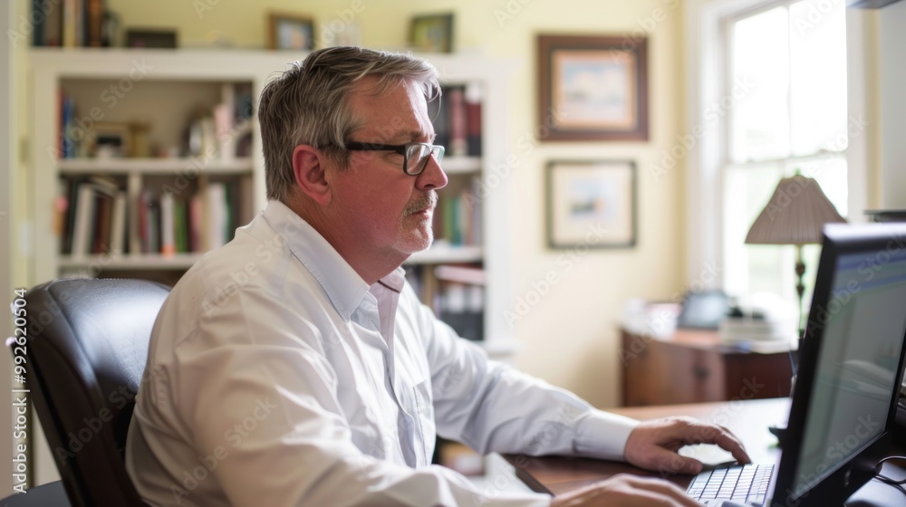 Middle aged male working on his computer in a home office Middle aged male working on his computer in a home office
