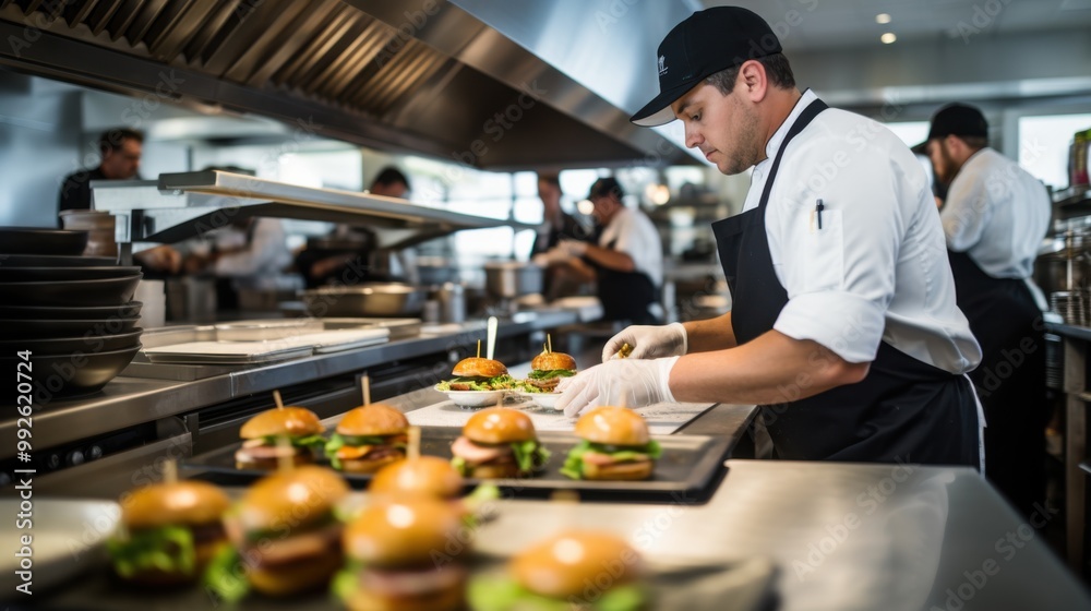 A dedicated chef meticulously adds finishing touches to gourmet burgers in a bustling kitchen. A dedicated chef meticulously adds finishing touches to gourmet burgers in a bustling kitchen.