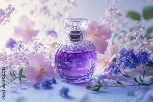 aesthetic glass bottle of purple perfume surrounded by flowers 