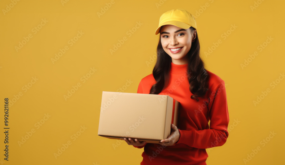 A cheerful delivery woman in yellow attire smiles warmly, holding a package with professionalism and friendliness.