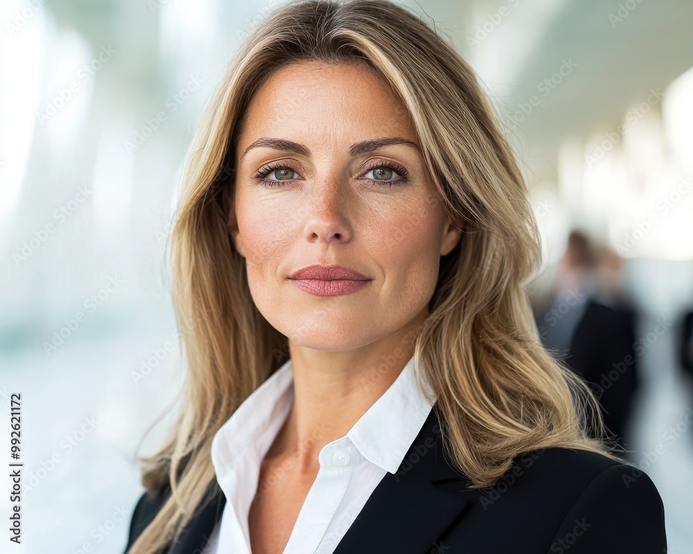 Confident businesswoman in a modern office environment, showcasing professionalism and determination in her expression.