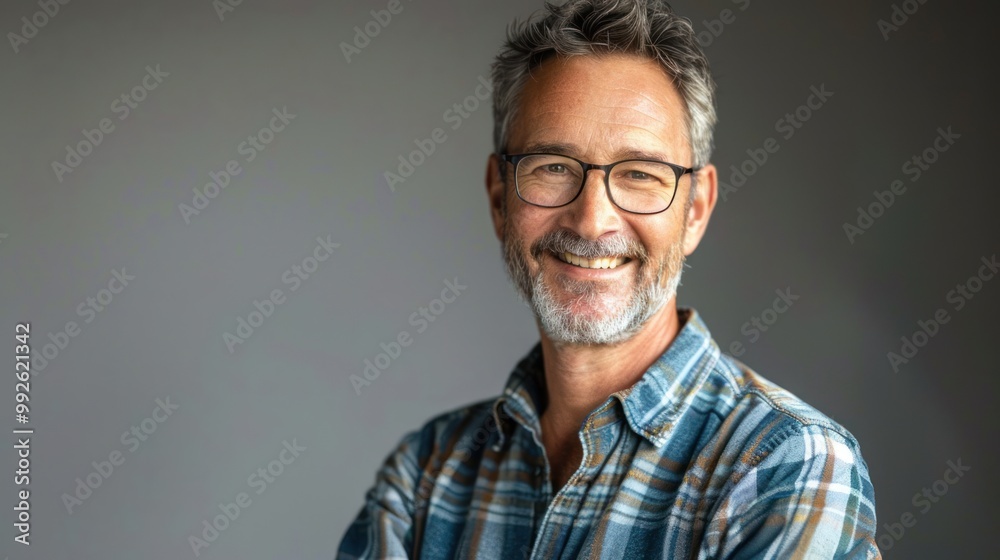 Middle aged man smiling confidently in a studio setting Middle aged man smiling confidently in a studio setting