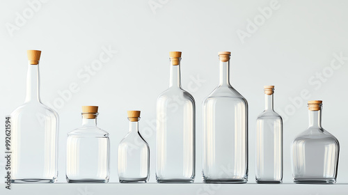 A set of seven clear glass bottles with cork stoppers of varying sizes, arranged in a row on a white background.