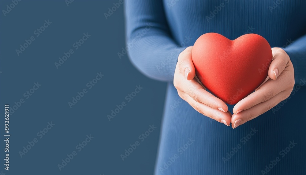 A person holding a red heart symbolizing love and care, set against a blue background. Perfect for romantic or emotional themes. A person holding a red heart symbolizing love and care, set against a blue background. Perfect for romantic or emotional themes.