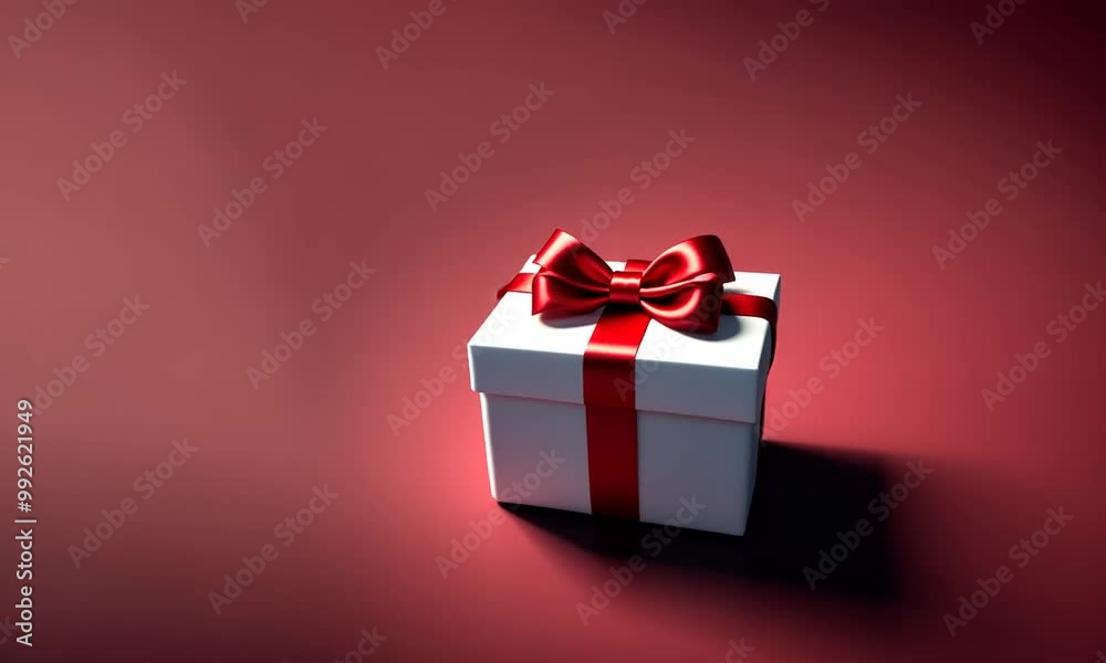Zoom et changement d'angle de vue sur un paquet cadeau blanc avec ruban rouge sur fond rouge, ambiance festive adaptée aux fêtes de fin d'année, anniversaires, nouvel an chinois et Saint Valentin