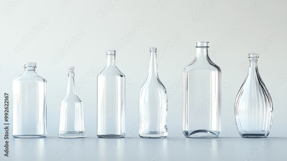 Six empty glass bottles of various shapes and sizes on a white background.