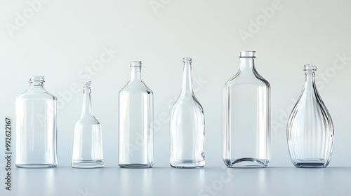 Six empty glass bottles of various shapes and sizes on a white background.