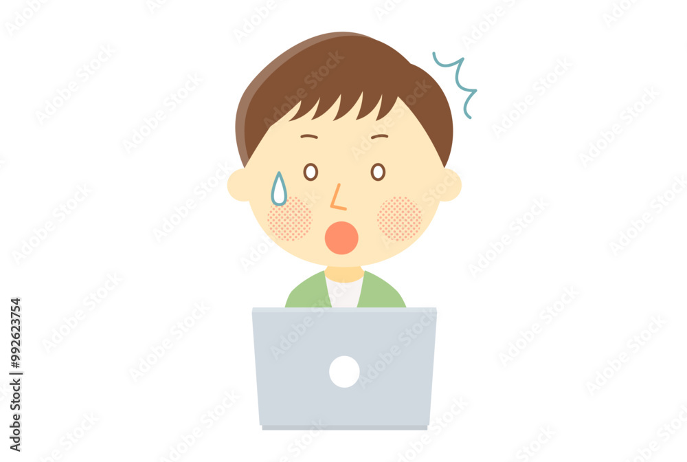 パソコンを見て驚く男性