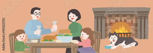 家族でクリスマスディナーを囲む団らんの様子のベクターイラストバナー