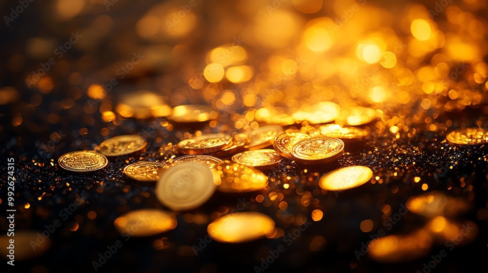 A detailed image of gold coins scattered on a black surface, shining brightly, gold coins, wealth and prosperity