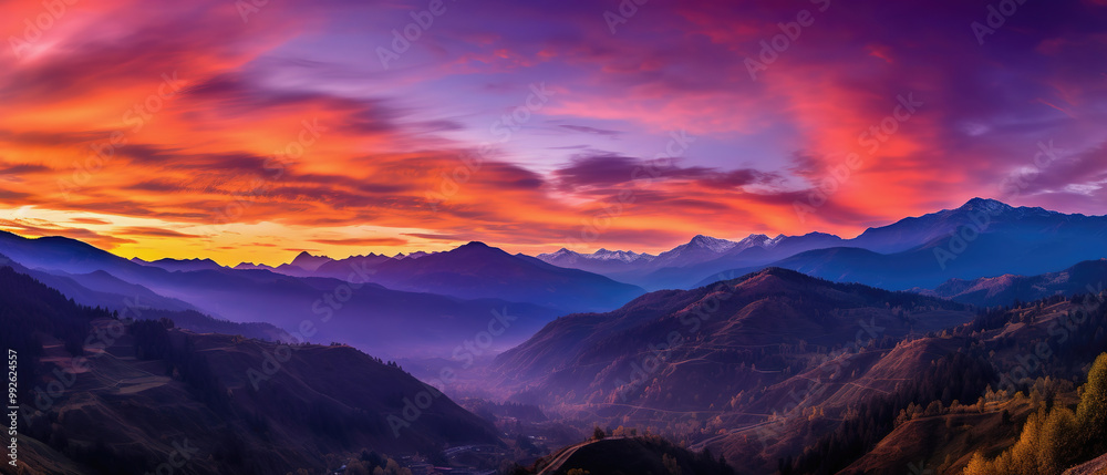 Breathtaking purple, orange, and pink sunset over mountains in valleys below