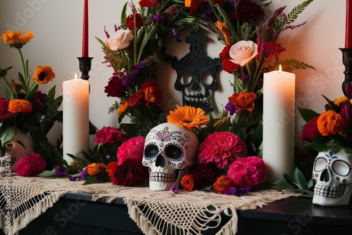 Vibrant Day of the Dead Altar Featuring Skull Lush Flowers and Candles photo