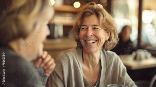 Middle aged woman smiling while chatting with a friend