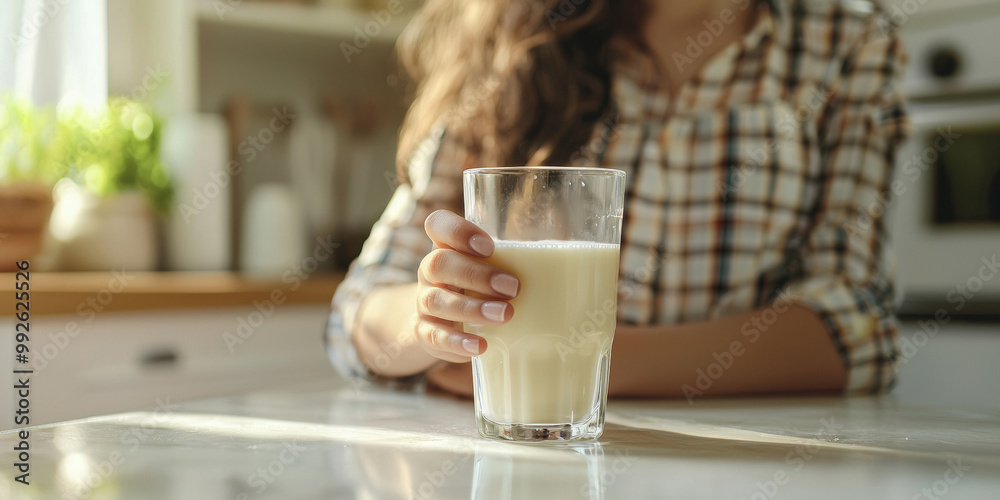 Close up of woman hand turning down glass with milk, generative AI Close up of woman hand turning down glass with milk, generative AI