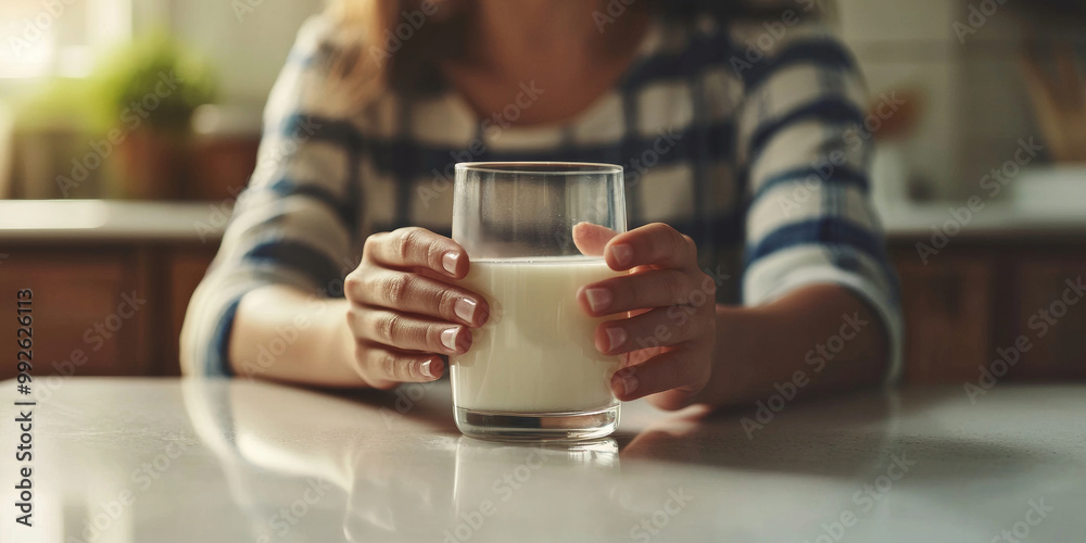 Close up of woman hand turning down glass with milk, generative AI Close up of woman hand turning down glass with milk, generative AI