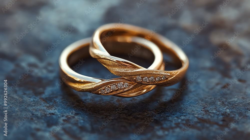 Gold wedding rings intertwined, symbolizing love and commitment, gold wedding rings, eternal love