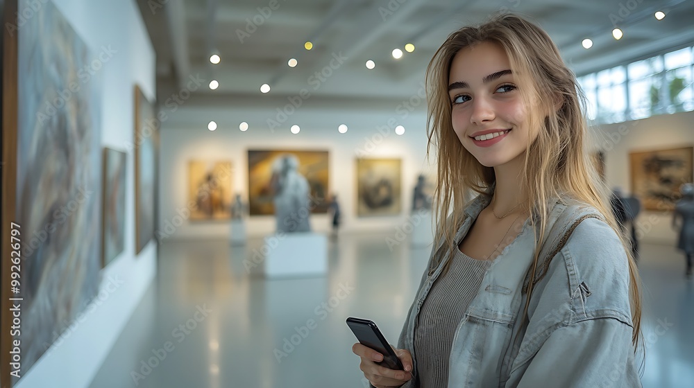 A young woman in a casual outfit pauses to smile at her smartphone while admiring a surrealist painting in a modern art museum. The clean, A young woman in a casual outfit pauses to smile at her smartphone while admiring a surrealist painting in a modern art museum. The clean,