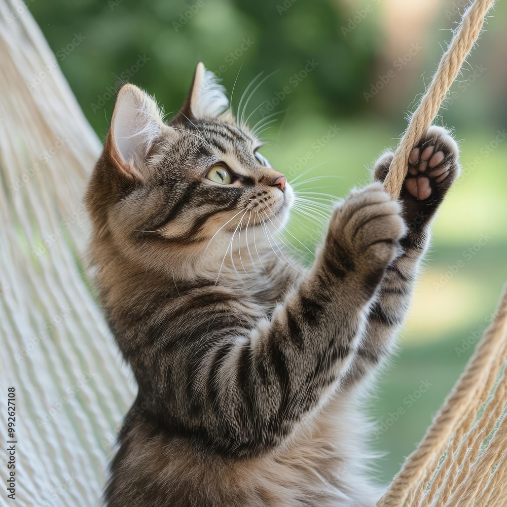 Fototapeta premium Cat pawing at a swaying hammock, relaxed play, serene, gentle