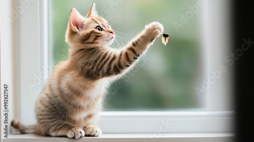 Wallpaper Mural Cat perched on a windowsill, playfully swatting at a moth, playful predator, elegant, light Torontodigital.ca