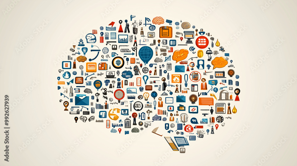 Human brain made of swirling digital lines and business icons, representing creative business ideas, idea brain, complex business thinking Human brain made of swirling digital lines and business icons, representing creative business ideas, idea brain, complex business thinking