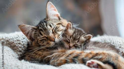 A cat and kitten snuggling up photo