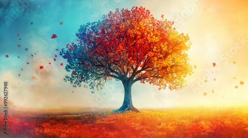 Tree of Life in Autumn, a stylized tree with leaves changing colors, symbolizing growth and renewal, with copy space, Rosh Hashana photo