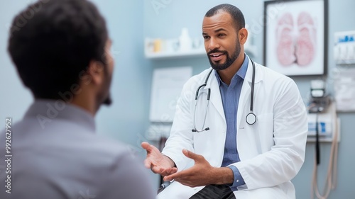 Doctor discussing preventive cancer screening options with a patient, oncology research, early detection