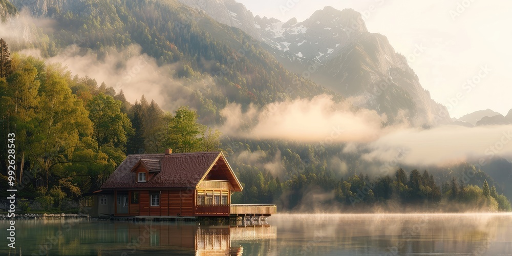 Fototapeta premium A serene wooden house by the lake with mist rising from the water, nestled near a mountain range, illuminated by the soft glow of a spring sunrise after rain.