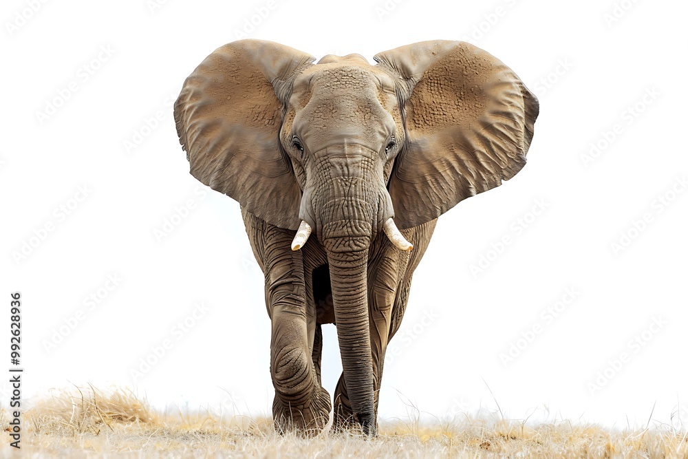 Fototapeta premium A majestic elephant walking through the savannah its large ears and trunk highlighted against a clean white background showcasing its grandeur