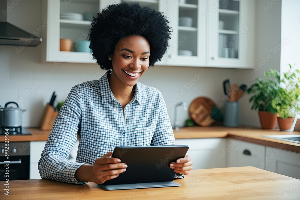 Cheerful Young Black Woman Engaged in Digital Literacy While Browsing Articles on a Tablet at a Kitchen Table Cheerful Young Black Woman Engaged in Digital Literacy While Browsing Articles on a Tablet at a Kitchen Table