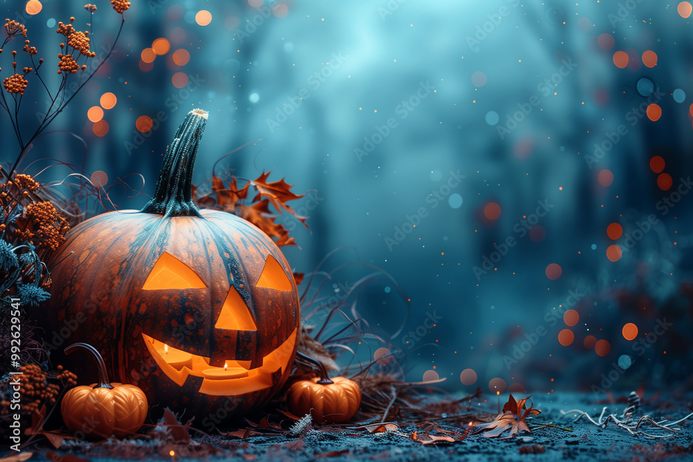 Naklejka premium Halloween holiday frame with party decorations from pumpkins, bats, Happy halloween greeting card .Halloween decorations, Halloween party greeting card mockup with copy space. Flat lay, top view, 