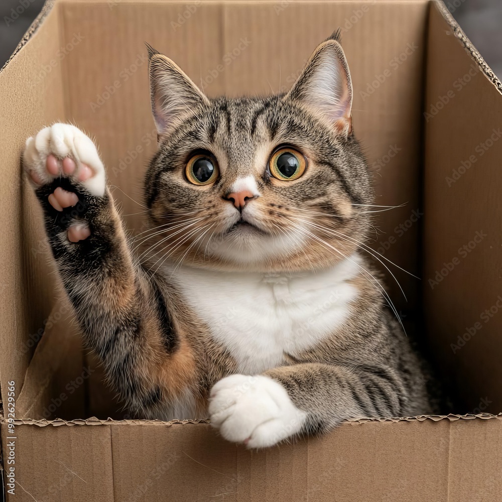 Fototapeta premium Cat sitting in a cardboard box, playfully pawing at the flaps, curious cat, cozy, cute