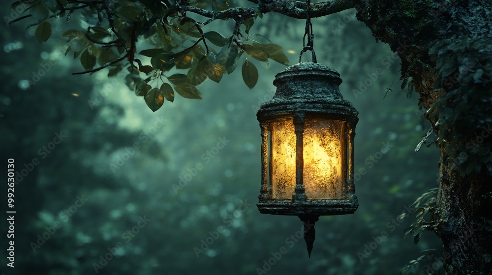 A single lantern hangs from a tree branch in a misty forest, casting a warm glow. A single lantern hangs from a tree branch in a misty forest, casting a warm glow.