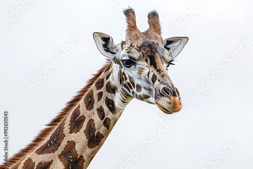 A majestic giraffe with its long neck and patterned coat standing tall against a plain white background highlighting its unique features photo