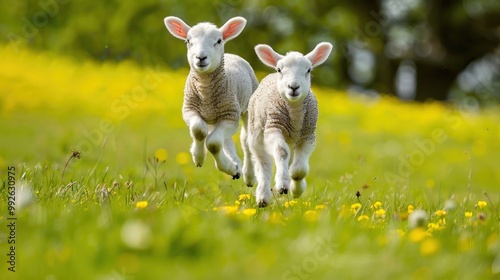 A lamb frolicking in a green meadow photo