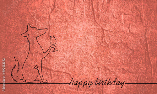 Cool dog cheering a toast with cocktail drink. Thin line style Happy Birthday greeting card. Party or festive event. Monochrome background. photo