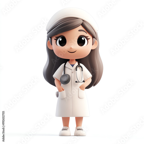 Cute cartoon nurse character in uniform with a stethoscope, smiling. Ideal for healthcare and medical-themed designs.