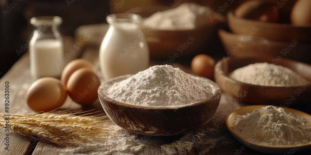 Fototapeta premium A bowl of white powder with flour, eggs, and milk on it, generative AI