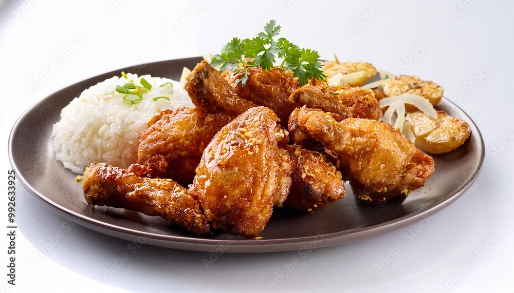 Thai Food, Thai Garlic Fried Chicken on white background isolated. Thai Food, Thai Garlic Fried Chicken on white background isolated.