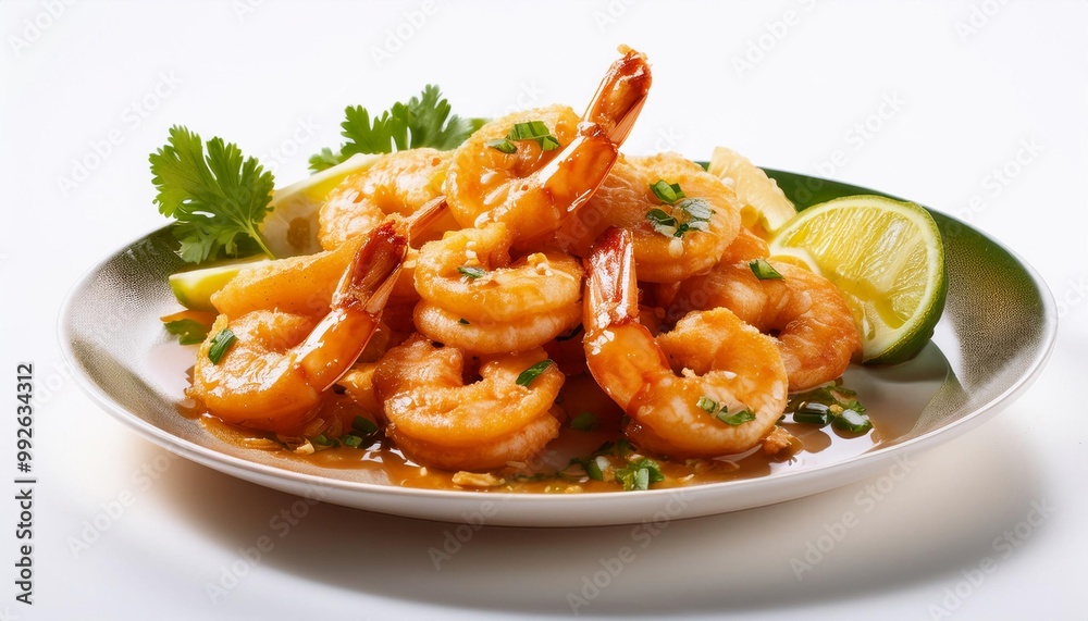 Thai Food, Thai Garlic Shrimp on white background isolated. Thai Food, Thai Garlic Shrimp on white background isolated.