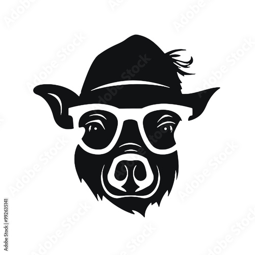 A pig wearing glasses and a hat - silhouette vector illustration transparent background 