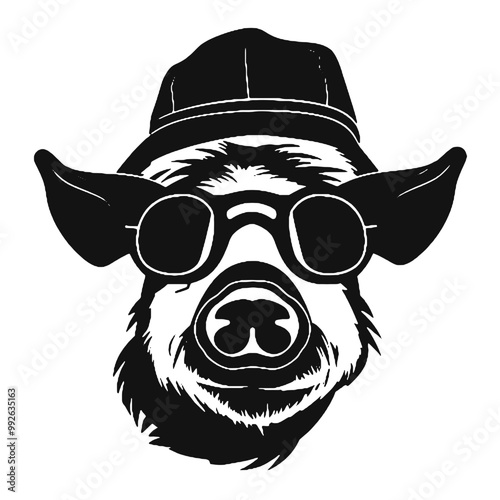 A pig wearing glasses and a hat - silhouette vector illustration transparent background 