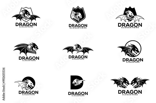 Powerful dragon set logo vector, animal legend logo template illustration