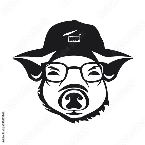 A pig wearing glasses and a hat - silhouette vector illustration transparent background 