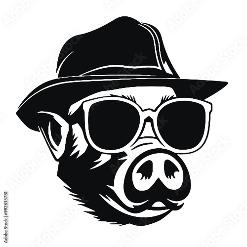 A pig wearing glasses and a hat - silhouette vector illustration transparent background 