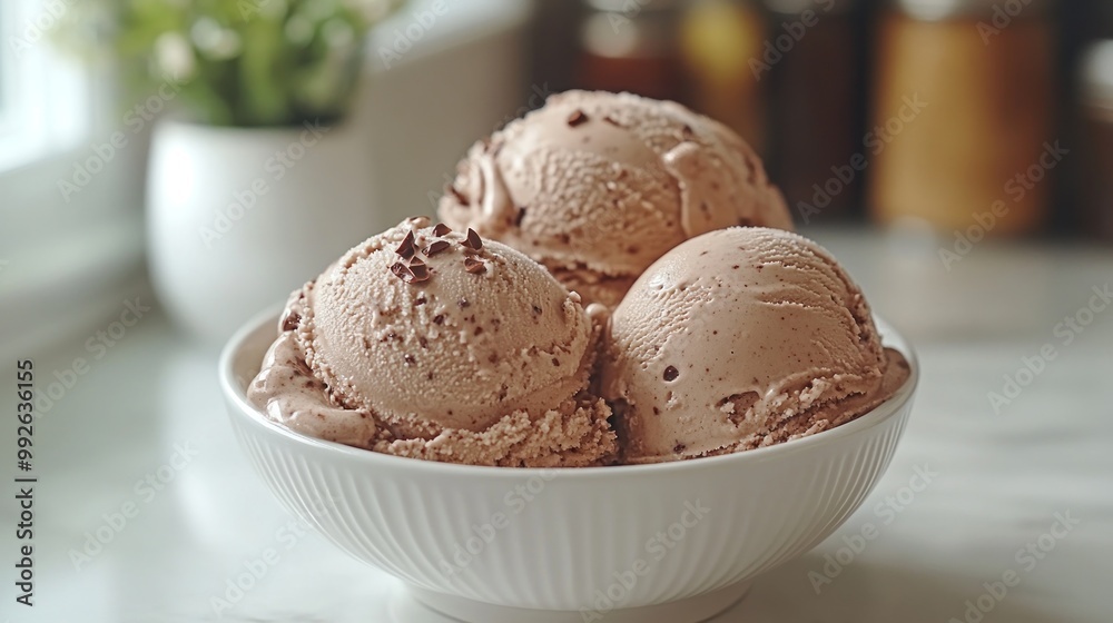 A bowl filled with three scoops of chocolate ice cream. A bowl filled with three scoops of chocolate ice cream.