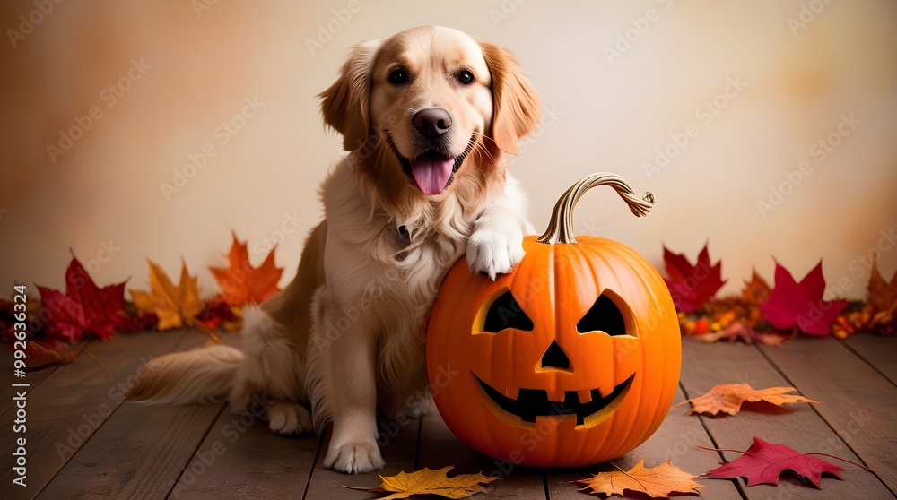 A warm and inviting professional photograph of an adorable Halloween-themed dog, specifically a golden retriever with a fluffy coat, sitting upright on a rustic wooden floor, posing with a vibrant ora A warm and inviting professional photograph of an adorable Halloween-themed dog, specifically a golden retriever with a fluffy coat, sitting upright on a rustic wooden floor, posing with a vibrant ora